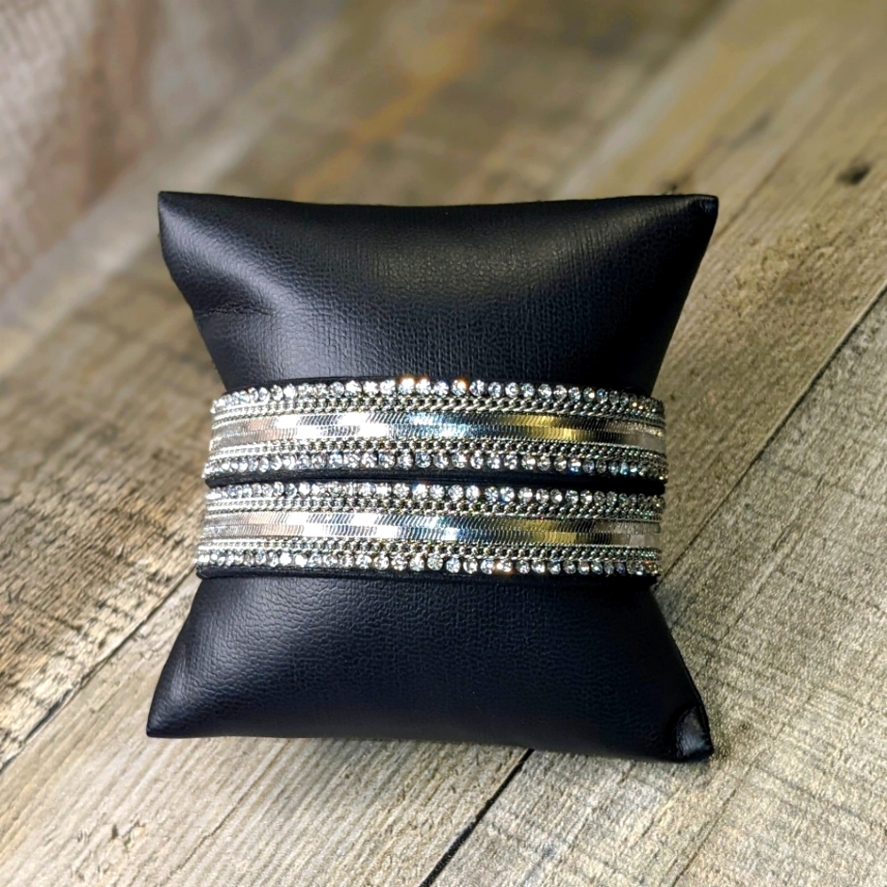 B6 NEW Silver & Black Crystal Rhinestone Double Wrap Bracelet - Fits S/M/L